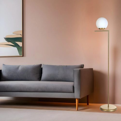 Elegant Floor Lamp with Metal Body & Glass Cap, 155 cm Height, 30 cm Diameter | Gold & White Design, E27 Socket, On-Cable Switch, IP20 Rated
