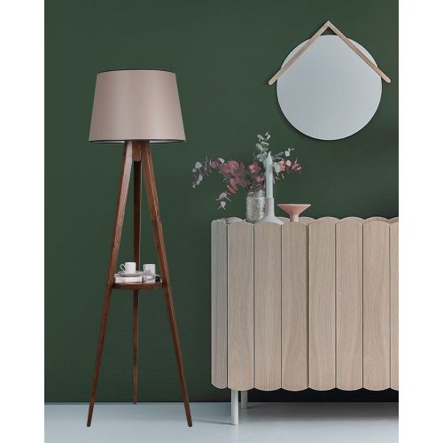 Industrial Scandinavian Floor Lamp, Walnut Wood Body, 160 cm Height, 31 cm Fabric Cap, 26x26 cm Wooden Shelf, On/Off Switch, Max 40W E27 Socket