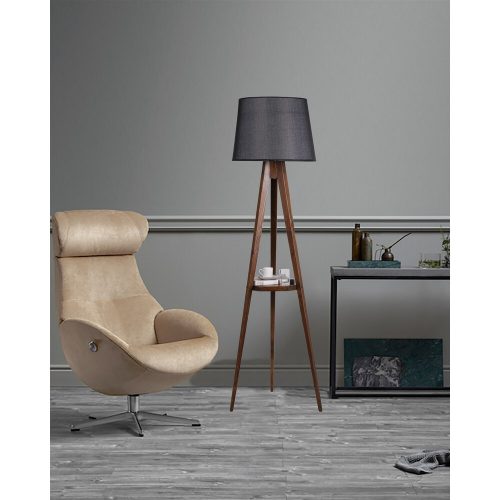 Industrial Scandinavian Floor Lamp, Black & Walnut, 160 cm Tall | Fir Tree Body, Fabric Cap, Wooden Shelf | E27 Socket, Stylish & Functional Lighting