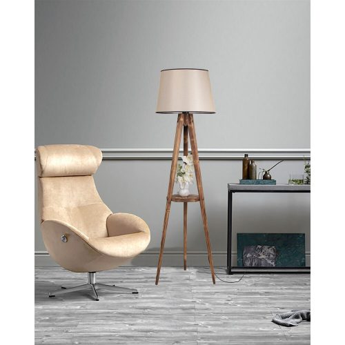 Scandinavian Floor Lamp with Wooden Body & Shelf, 160 cm Height, Brown Color, E27 Socket, On/Off Switch, Stylish & Functional Lighting for Home Decor