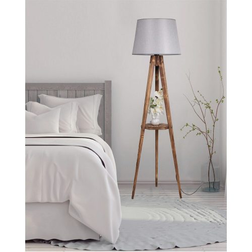 Scandinavian Floor Lamp with Wooden Body & Shelf, 160 cm Height, Brown & Grey, E27 Socket, On/Off Switch, Stylish & Functional Lighting for Home Decor