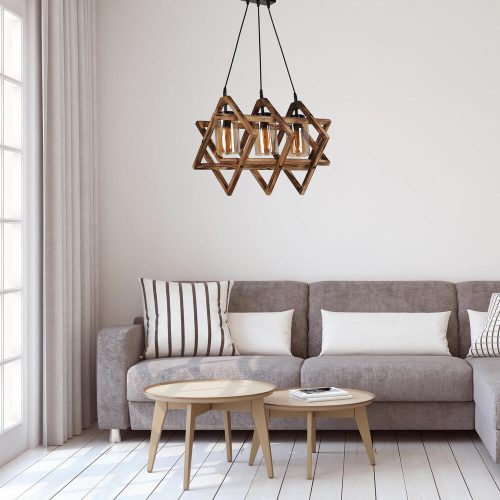 Rustic Wooden Chandelier with Metal Frame & Glass Cap, 43 x 43 x 57 cm, Adjustable Height, Brown | E27 Socket, Max 40W, Perfect for Southwestern Decor