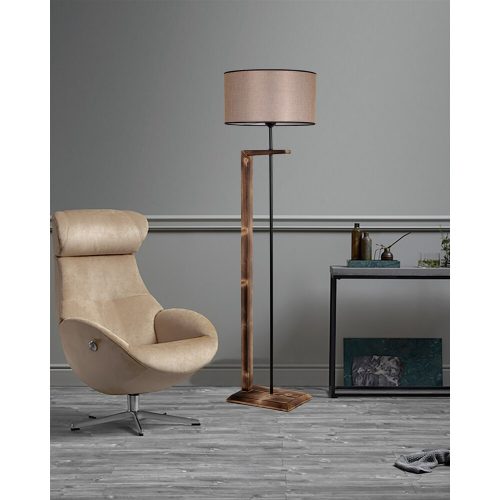 Scandinavian Floor Lamp, Brown Metal & Wooden Body, 163 cm Height, 45 cm Fabric Cap, E27 Socket, On/Off Switch, Stylish & Functional Lighting for Home Decor