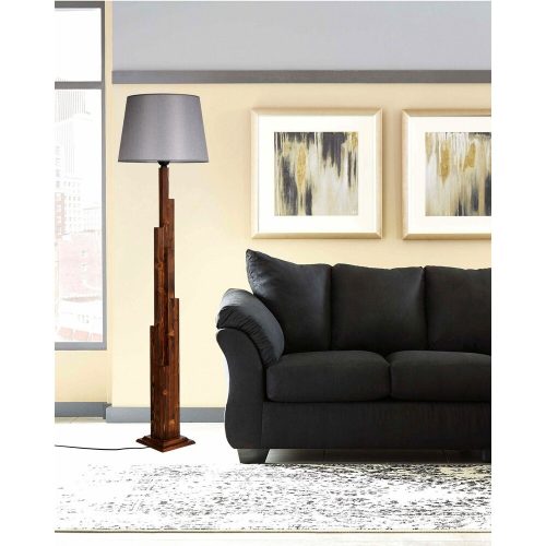 Elegant Country Floor Lamp, Wooden Body, 165 cm Height | Fabric Cap (31 cm L, 35/45 cm D) | On/Off Switch, E27 Socket, Walnut & Grey Finish