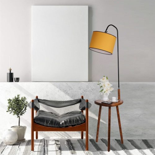Stylish Floor Lamp with Metal Body & Wooden Table, 160 cm Height | Walnut & Mustard | 21 cm Cap | On/Off Switch | Perfect for Modern Living Spaces