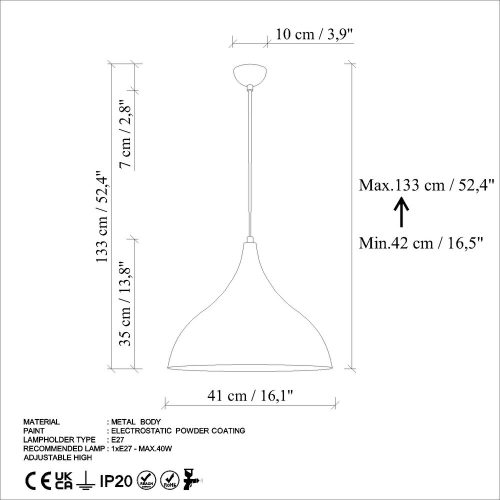 Opviq, 795LMG1202, Elegant adjustable chandelier, antique finish, Ø41 cm, height 42-133 cm | Metal housing, E27 socket, 90 cm cable | Perfect for modern living spaces