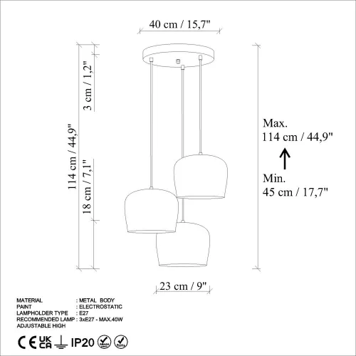 Opviq, 795LMG1237, Elegant, adjustable chandelier, antique finish, diameter 45 cm | Metal housing, 3 x E27 sockets, height 45-114 cm | Perfect for modern living spaces
