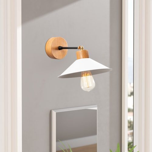 Scandinavian Wall Lamp, White Metal & Wooden Base, 24 cm Diameter, 20 cm Height | E27 Socket, Max 40W | Stylish & Functional Lighting for Modern Spaces