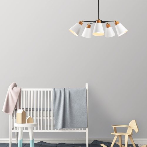 Elegant Scandinavian Chandelier, Metal Body with Wooden Base, 58 cm Diameter, 68 cm Height | 5 x E27 Max 40W | Stylish White Design for Modern Spaces