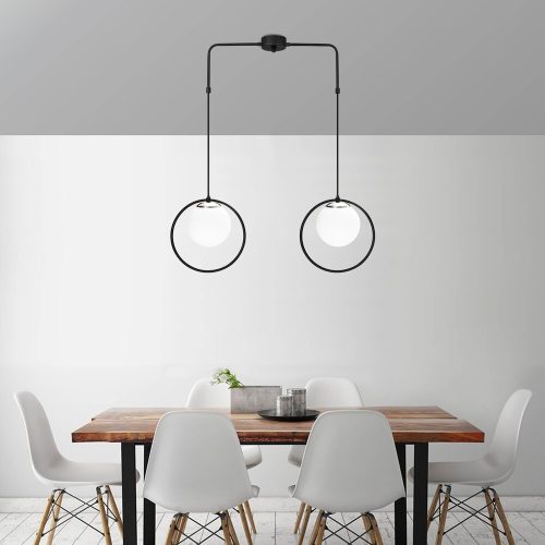 Modern Industrial Chandelier, Black & White, 74 x 15 cm | Adjustable Height, Metal Body, Glass Cap, 2 x E27 Socket | Stylish Lighting for Home & Office