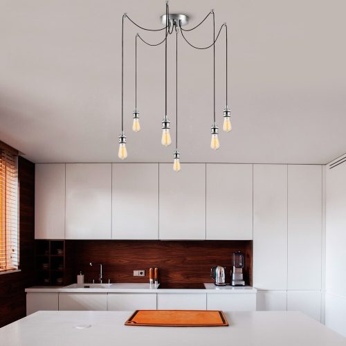 Nostalgic Chrome Chandelier, 126 cm Diameter, 102 cm Height | Adjustable Height, 6 x E27 Max 40W | Elegant Metal Design for Modern Spaces