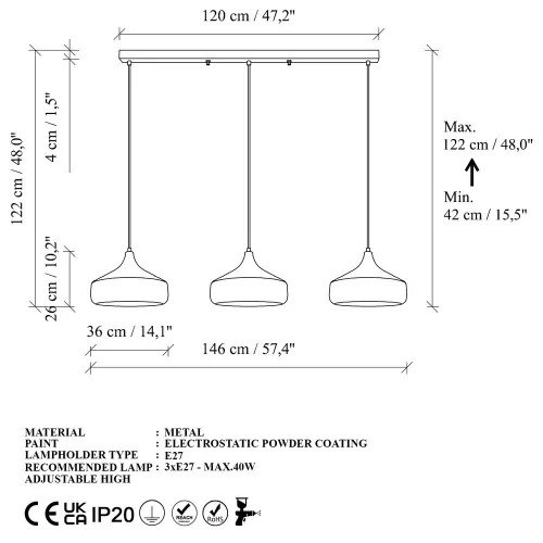 Opviq, 892OPV2128, Elegant black chandelier, adjustable height 42-122 cm, metal body, Ø36 cm cap, 3 x E27 Max 40 W, perfect for modern living spaces, IP20 classification