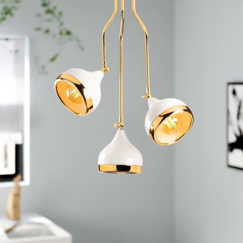 Modern Chandelier, White & Gold, 50 x 50 cm, Height 75 cm | Metal Body, Adjustable Height, 3 x E27 Max 40W | Glam & Scandinavian Design for Elegant Spaces