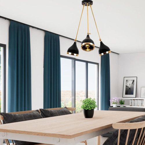 Modern Chandelier, Black & Gold, 60 cm Diameter, 63 cm Height | Metal Body, 3 x E27 Sockets, Elegant Scandinavian Design for Glamorous Spaces