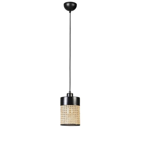 Elegant Rattan Chandelier, Adjustable Height 70 cm, Metal Body with Natural Rattan Cap, E27 Socket, 14 cm Diameter, Stylish Black Finish for Modern Spaces