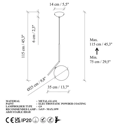Opviq, 521SHN3569, Elegant golden chandelier, adjustable height 75-115 cm, metal body, Ø25 cm cap, 1 x G9 socket (max. 10 W), perfect for modern living spaces, IP20 classification