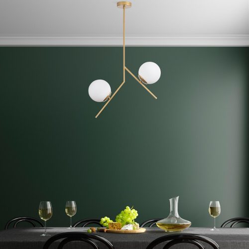 Elegant Gold Chandelier, Metal Body, 74 cm Height, 15 cm Glass Cap, 2 x E27 Socket, Non-Adjustable, IP20 | Perfect for Modern Living Spaces & Dining Areas
