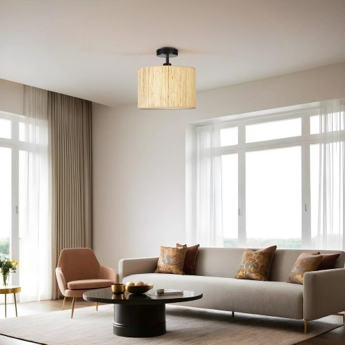 Elegant Chandelier with Metal Body & Bamboo Cap, 30 cm Diameter, 30 cm Height | E27 Socket, Max 40W, Oak & Black Finish | Stylish Lighting for Modern Spaces