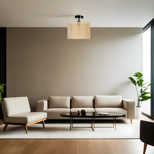 Elegant Chandelier with Metal Body & Bamboo Cap, 30 cm Diameter, 30 cm Height | E27 Socket, Max 40W | Gold, Black & Beige | Stylish Lighting for Any Room