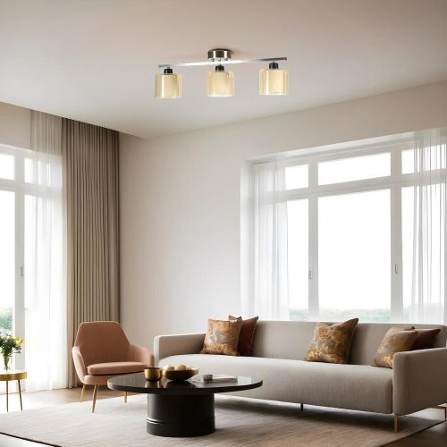 Elegant Chandelier with Metal Body & Glass Cap, 15 cm Diameter, 20 cm Height, 56 cm Length | E27 Socket, Max 40W, Matte Chrome & Amber Finish | Stylish Lighting for Modern Spaces
