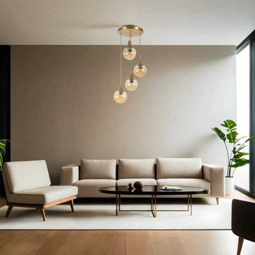 Elegant Amber & Gold Chandelier, Metal Body, 30 cm Diameter, Adjustable Height 70 cm, E27 Socket Max 40W, IP20 | Perfect for Modern Decor & Ambiance