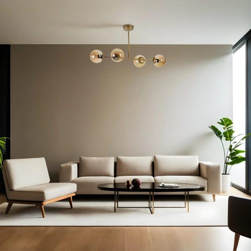 Elegant Amber & Gold Chandelier, Metal Body, 90 cm Length, 15 cm Cap Diameter, E27 Socket, 65 cm Height | Stylish Lighting for Modern Spaces, IP20 Rated