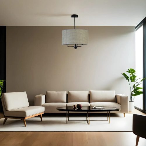 Stylish Chandelier with Metal Body & Bamboo Cap, 45 cm Diameter, Adjustable Height, E27 Socket, Grey & Black | Perfect for Modern Interiors