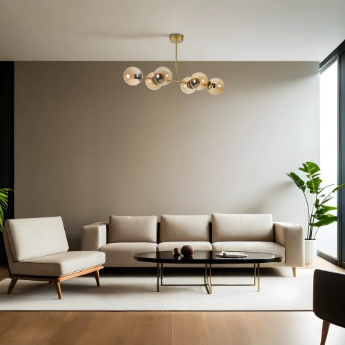 Elegant Amber & Gold Chandelier, Metal Body, 90 cm Length, 15 cm Cap Diameter, E27 Socket, 65 cm Height | Stylish Lighting for Modern Spaces, IP20 Rated