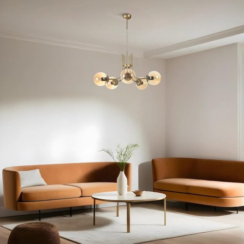 Elegant Amber & Gold Chandelier, Metal Body, 65 cm Diameter, 70 cm Height, E27 Socket (Max 40W), IP20 | Perfect for Modern Living Spaces & Dining Rooms