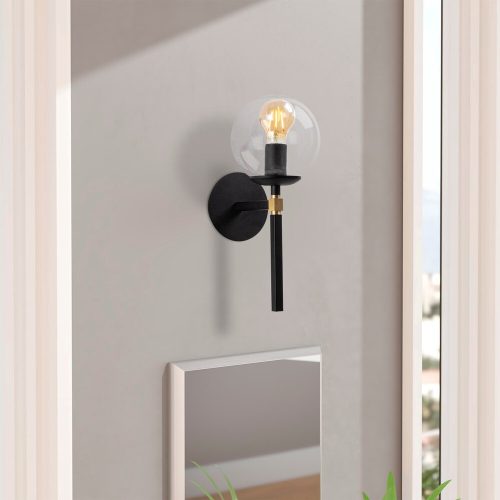 Elegant Black Wall Lamp, Metal Body with Glass Cap, 15 x 20 cm, Height 37 cm, E27 Socket, IP20 | Perfect for Modern Hotels & Home Decor