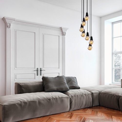 Industrial Chandelier, Black Metal Body, 50 x 50 cm, Adjustable Height 24-104 cm, 7 x E27 Max 40W, IP20 | Modern Plain Design for Home & Office