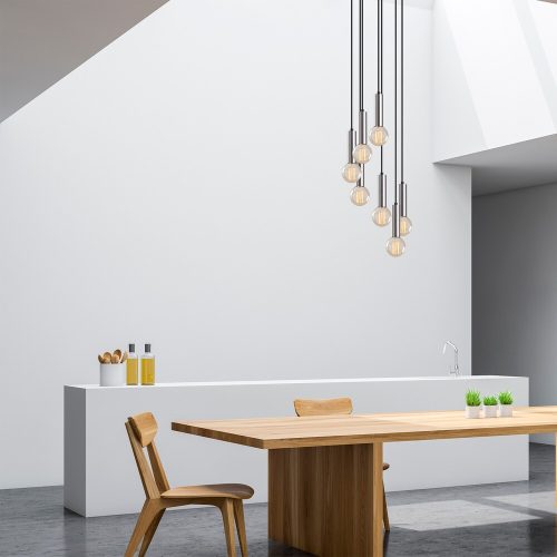 Elegant Scandinavian Chandelier, Silver Metal Body, 40 x 40 cm, Height 136 cm, Adjustable, 7 x E27 Max 40W, Perfect for Modern Interiors