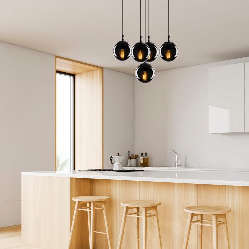 Modern Industrial Chandelier, Black & Fume, 65 x 65 cm, Adjustable Height 110 cm, Metal Body, 5 x E27 Socket, Stylish Lighting for Home & Office