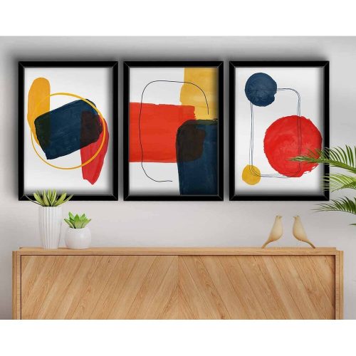 Elegant Decorative Framed MDF Paintings (3 Pieces), 38 x 53 cm | 100% MDF & Wooden Frame | Vibrant Red, Mustard, Navy Blue & White | Perfect for Home Decor