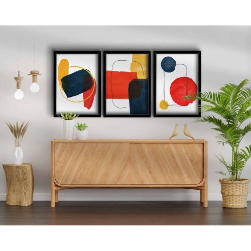 Elegant Decorative Framed MDF Paintings (3 Pieces), 38 x 53 cm | 100% MDF & Wooden Frame | Vibrant Red, Mustard, Navy Blue & White | Perfect for Home Decor