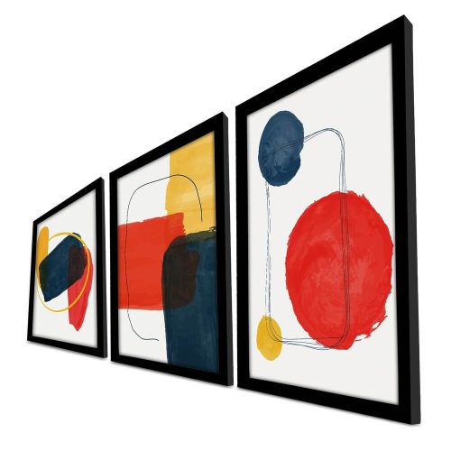 Elegant Decorative Framed MDF Paintings (3 Pieces), 38 x 53 cm | 100% MDF & Wooden Frame | Vibrant Red, Mustard, Navy Blue & White | Perfect for Home Decor