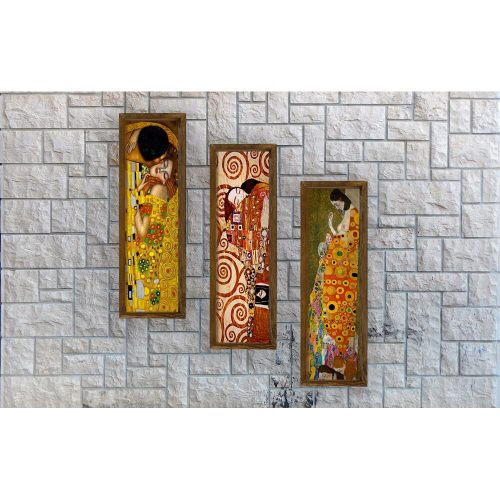 Elegant Gustav Klimt Decorative Framed MDF Paintings (3 Pieces), 19 x 70 cm | 100% MDF & Pine Wood Frame | UV Printed Art for Modern Home Decor