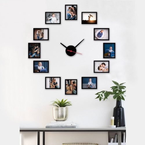 Elegant Decorative Wall Clock, 50 x 50 cm, 100% Polystyrene Frame, Includes 12 Photo Frames (13 x 18 cm) for 10 x 15 cm Photos | Stylish Home Decor