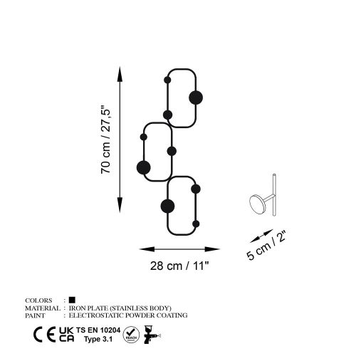 Sturdy Metal Wall Hook, Black, 28 x 5 cm, Height: 70 cm | Ø9 mm Thickness, 0.73 kg | Holds Up to 10 kg | Ideal for Home & Office Organization