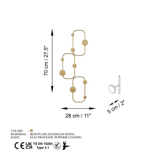 Elegant Gold Metal Wall Hook, 28 x 5 cm, Height 70 cm | Durable Ø9 mm Body, Max 10 kg Capacity | Perfect for Home & Office Decor