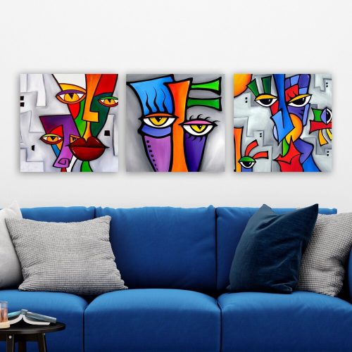 Thomas C. Fedro Decorative Canvas Painting (3 Pieces) - 'Faces', 100% Canvas, 30x90 cm Total Size, 100% Wooden Frame (3 cm Thick) | Perfect for Modern Decor