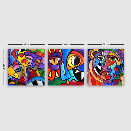 Thomas C. Fedro Decorative Canvas Painting (3 Pieces) - 'Faces', 100% Canvas, 30x90 cm Total Size, 100% Wooden Frame (3 cm Thick) | Perfect for Modern Decor