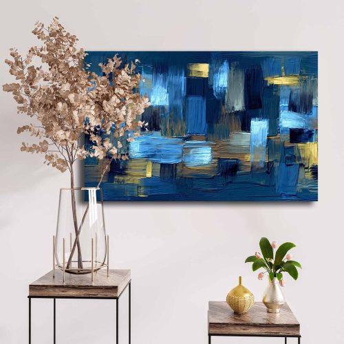 Elegant Decorative Canvas Painting, 45 x 70 cm | 100% Canvas (2.8 mm) & Pine Wood Frame (22 mm) | Blue, Navy, Brown & Gold Colors for Stylish Home Decor