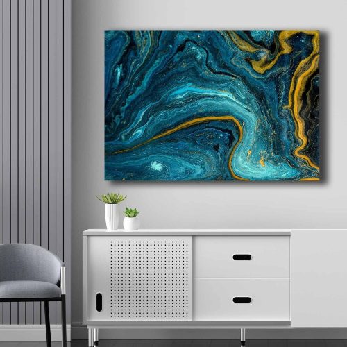 Elegant Decorative Canvas Painting, 70 x 100 cm | 100% Canvas (2.8 mm) & Pine Wood Frame (22 mm) | Stunning Blue, Navy Blue & Gold Design for Home Decor