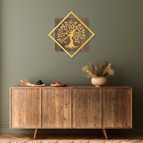 Elegant Decorative Wooden Wall Accessory, 54 x 54 cm, Walnut & Gold | 50% Wood (3 cm) & 50% Metal (1.5 mm) | Wall-Mountable, Unique Texture Variations