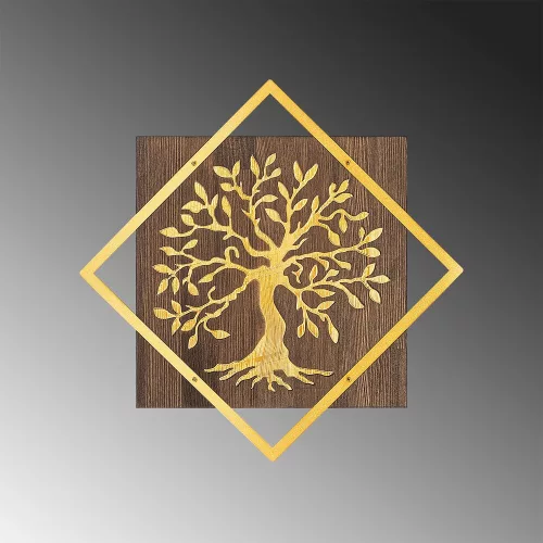 Elegant Decorative Wooden Wall Accessory, 54 x 54 cm, Walnut & Gold | 50% Wood (3 cm) & 50% Metal (1.5 mm) | Wall-Mountable, Unique Texture Variations