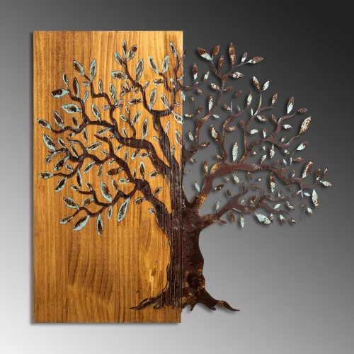 Hand-Painted Decorative Wooden Wall Accessory, 60 x 58 x 3 cm | 100% Solid Wood (3 cm) & Metal (1.5 mm) | Unique Art for Home Décor, Natural Variations