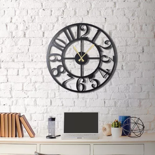 Elegant Black Decorative Metal Wall Clock, 70 x 70 cm | 100% Metal (2 mm) | Silent Mechanism, Easy Wall Mount | Stylish Addition to Any Space
