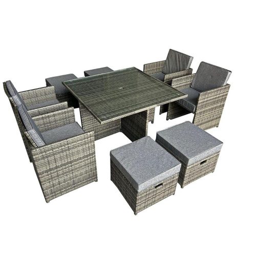 Delzioso dining set in grey melange with 4 chairs and 4 poufs