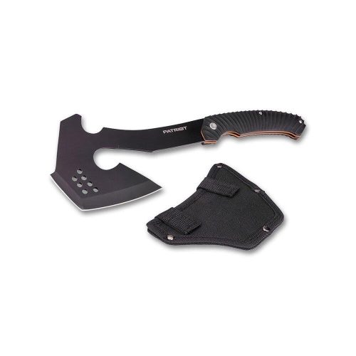 Camping axe with ergonomic handle and edge protection sheath, 35 cm